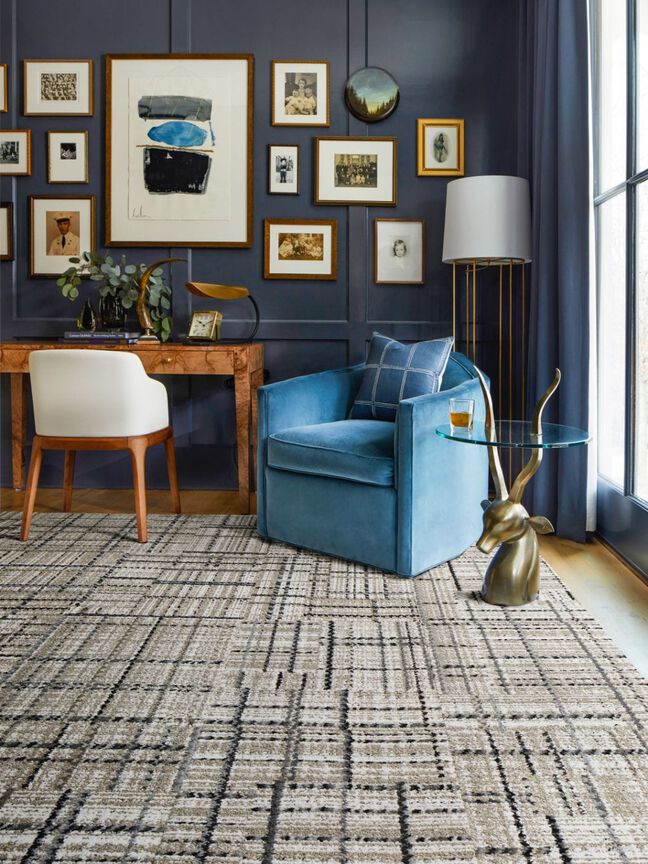 Home office nook with FLOR Savile Row area rug shown in Titanium